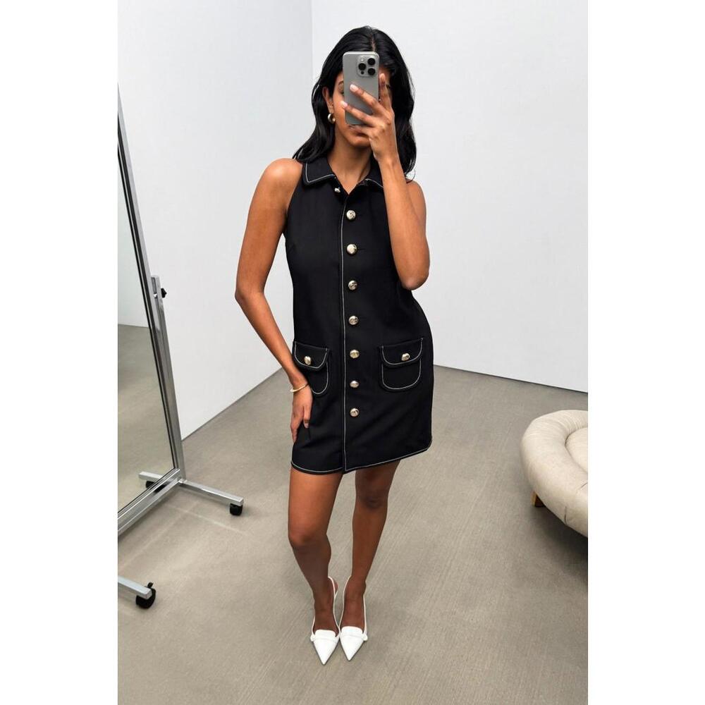Sandro Black Melodie Mini Shift Dress Size 34 with Fabric Snags